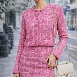 ZARA New Pink Tweed Texutred Weave Knit Crop Blogger Fav Cardigan SZ XL Preppy